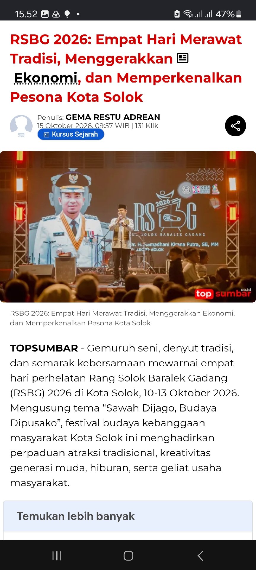 RSBG 2026: Empat Hari Merawat Tradisi, Menggerakkan  Ekonomi, dan Memperkenalkan Pesona Kota Solok