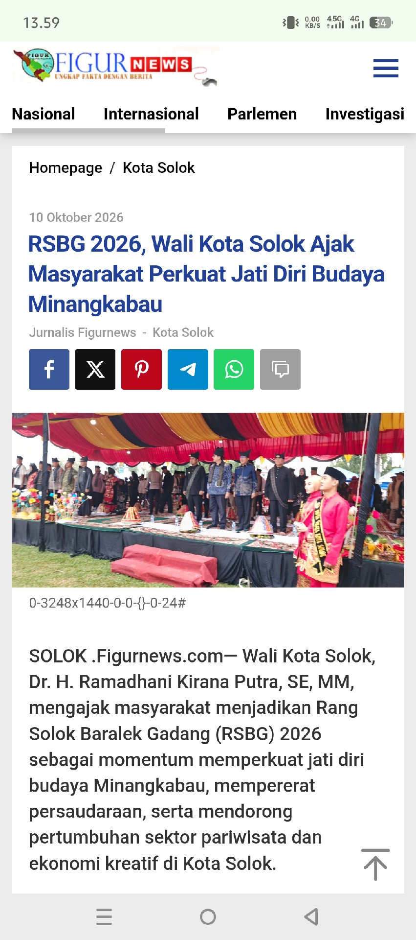 RSBG 2026 walikota solok ajak masyarakat perkuat jati diri budaya Minangkabau