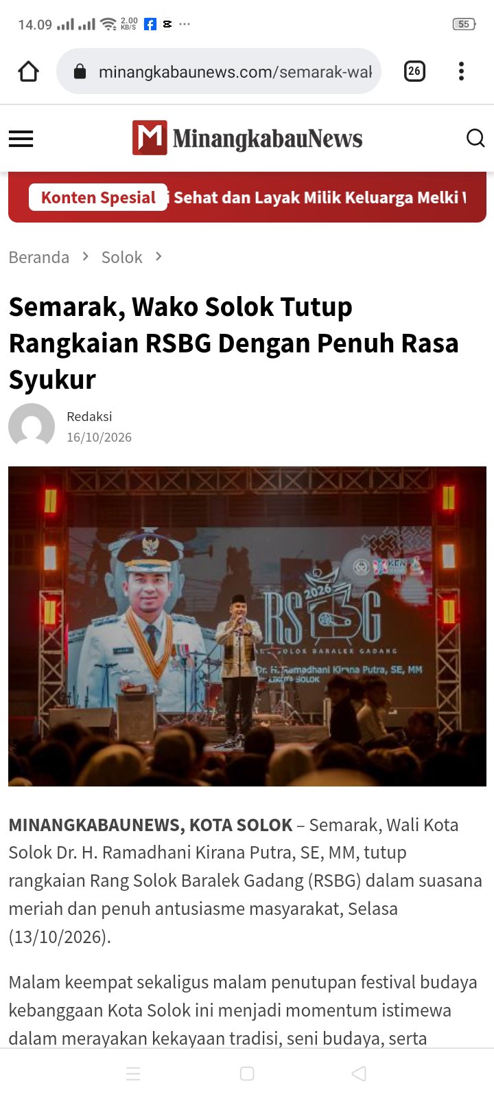 Semarak, Wako Solok Tutup Rangkaian RSBG Dengan Penuh Rasa Syukur