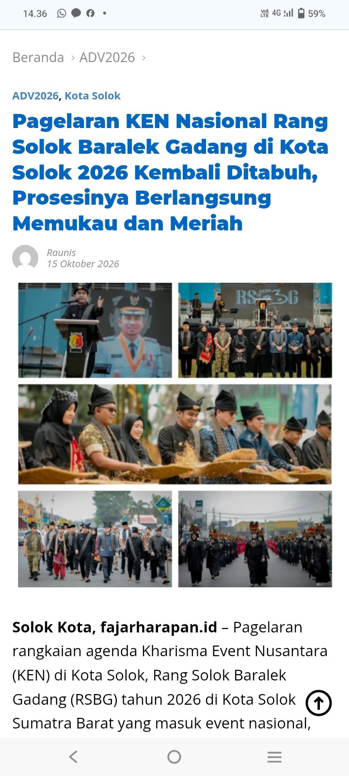 Pagelaran KEN Nasional Rang Solok Baralek Gadang di Kota Solok 2026 Kembali Ditabuh, Prosesinya Berlangsung Memukau dan Meriah