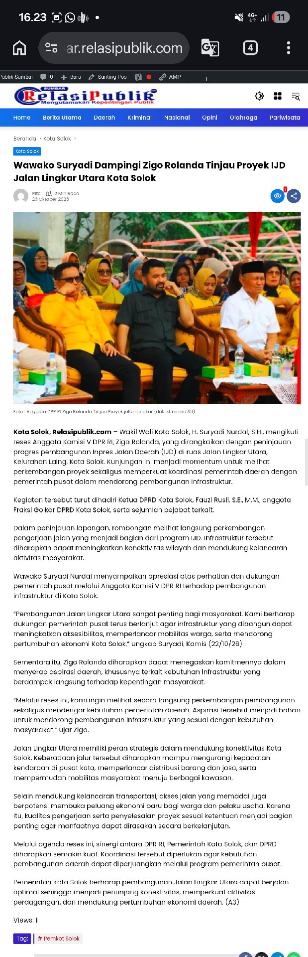 Wawako Suryadi Dampingi Zigo Rolanda Tinjau Proyek IJD Jalan Lingkar Utara Kota Solok